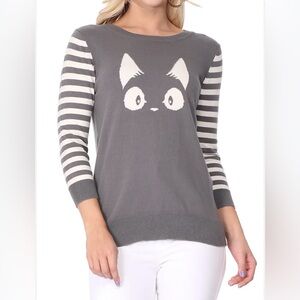 Gray Cat Face Sweater with Striped Sleeves